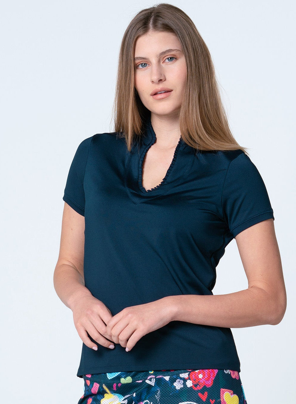 Lucky in Love Pleated Placket Short Sleeve Shirt-Midnight Navy
