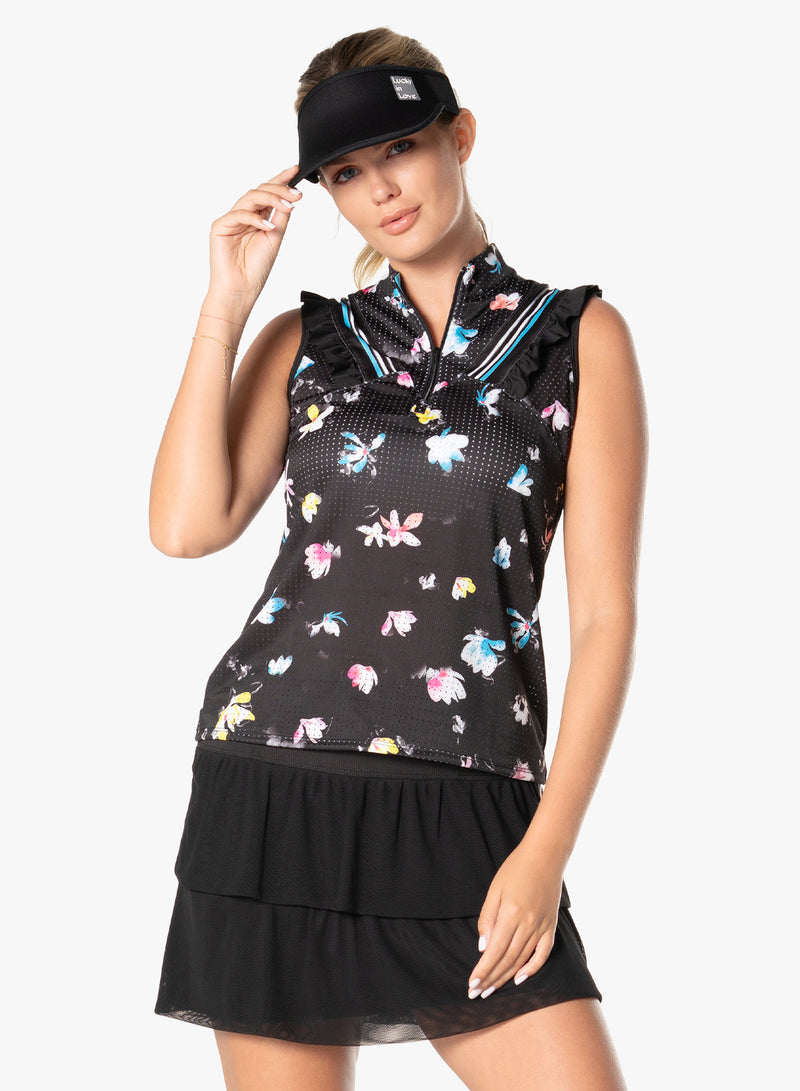Lucky in Love Tropical Sublime Black Floral Ruffle Print Sleeveless Shirt