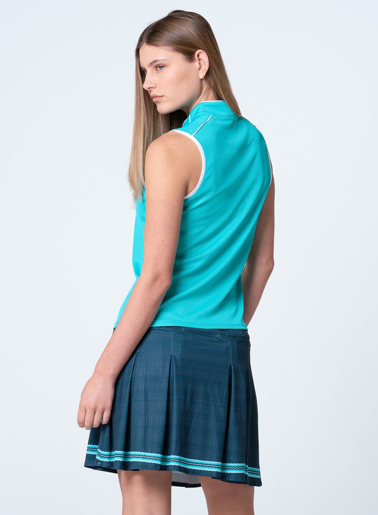 Lucky in Love Eyelet You Win Mandarin Collar Sleeveless Shirt-Aquamarine/White