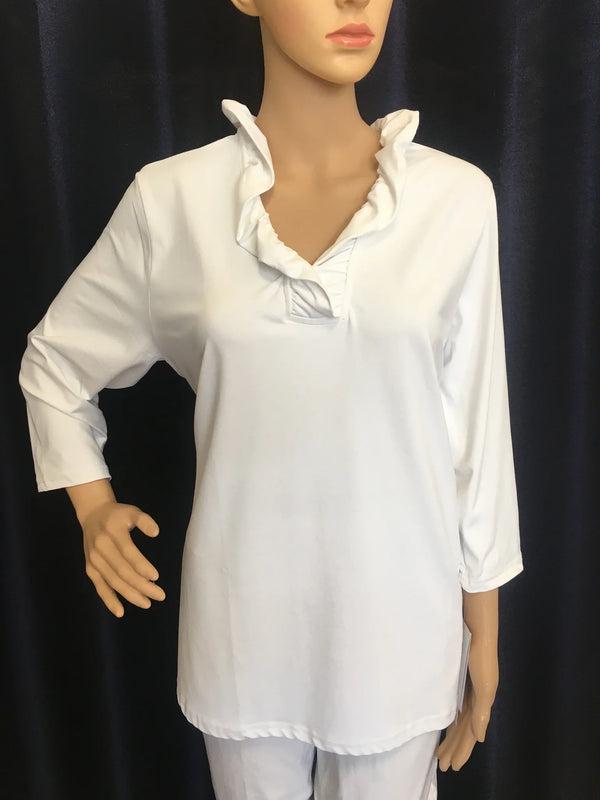 Lulu-B Women's 3/4 Sleeved Ruffle Neckline Shirt-Black, White, Golf Print, Black/white Print