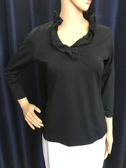 Lulu-B Women's 3/4 Sleeved Ruffle Neckline Shirt-Black, White, Golf Print, Black/white Print