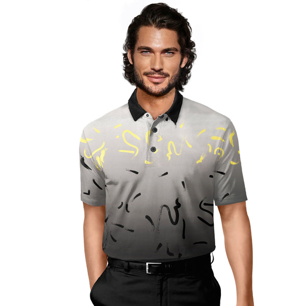 Jamie Sadock Mens Kramer Print Golf Shirt-Black, Gray, Yellow