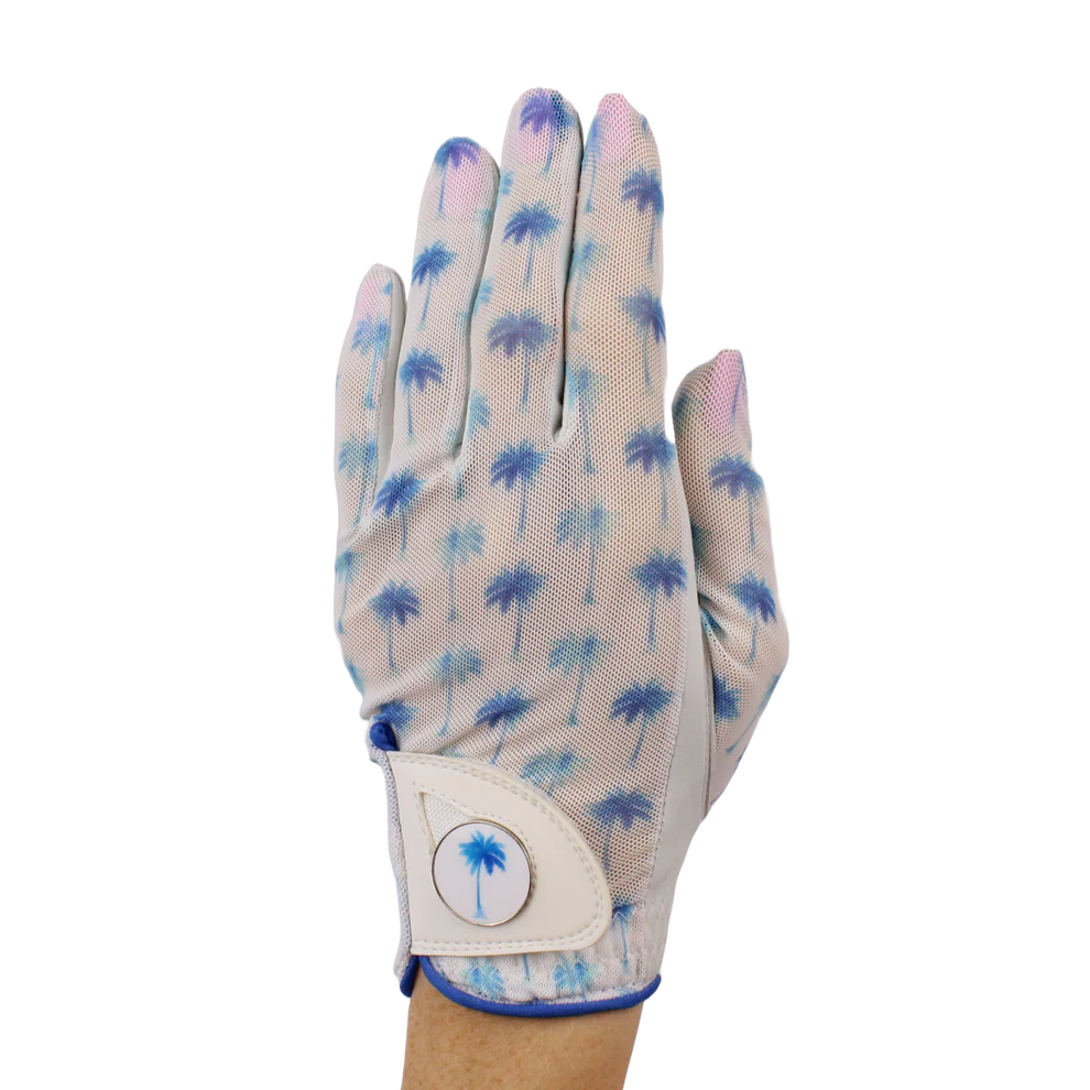 BOG Golf Glove Printed Lycra and Leather palm with Matching Ballmarker-Blue Palm Tree