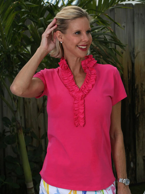 Ana Clare Charlie Solid Ruffle Short Sleeved Shirt-Aqua, Black, White, Hot Pink, Lime, Navy, Periwinkle, White
