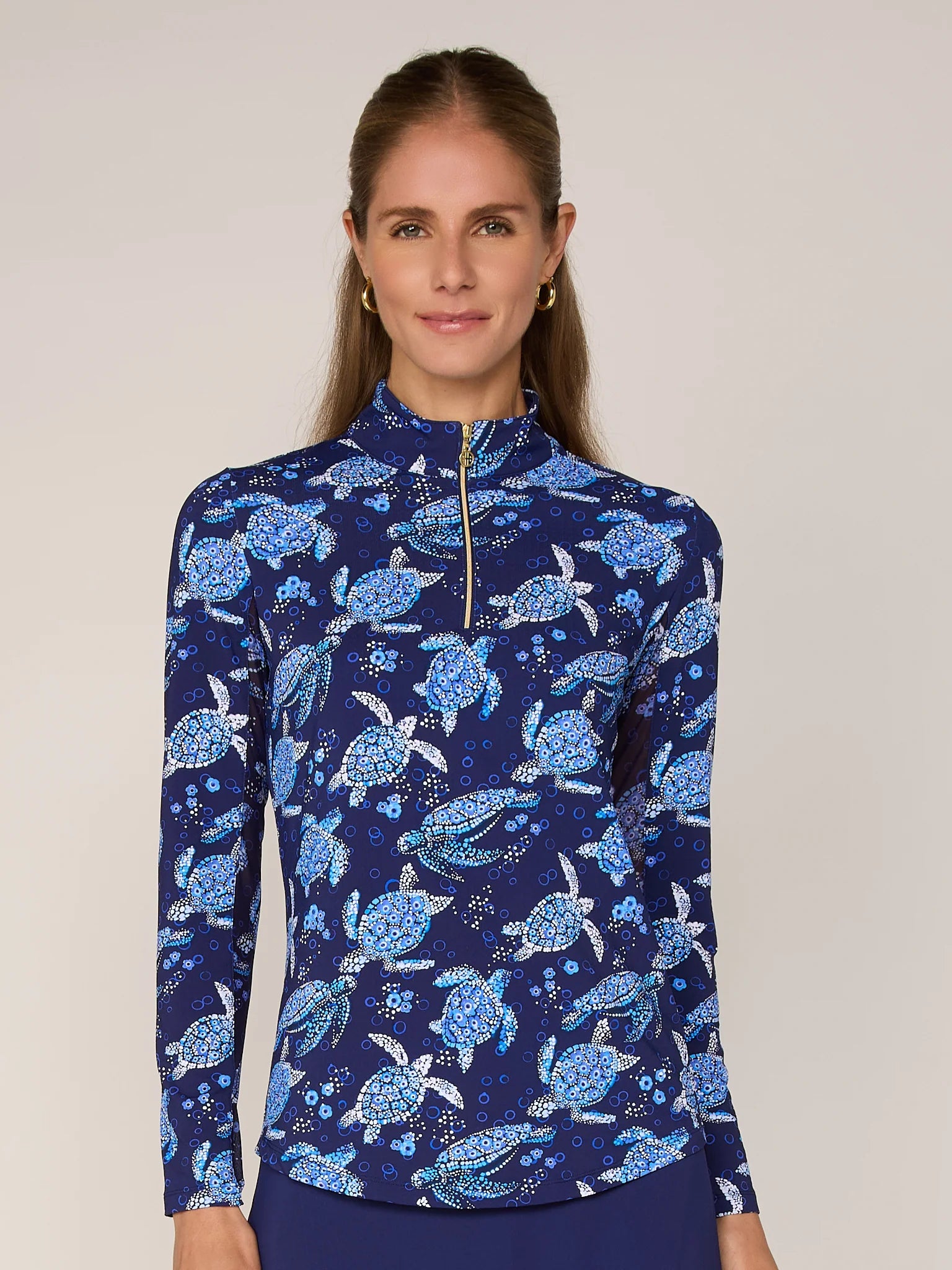G Lifestyle Navy Turtle Quarter Zip Sun Protection Long Sleeve Moc Neck Shirt