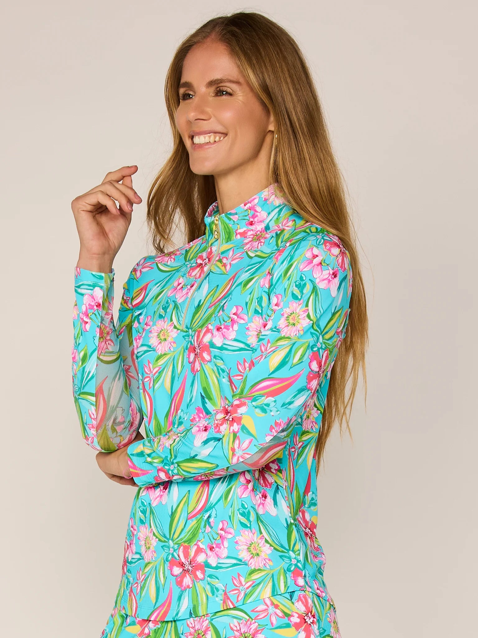 G Lifestyle Multi Blooming Flower Quarter Zip Sun Protection Long Sleeve Moc Neck Shirt-Aqua Print