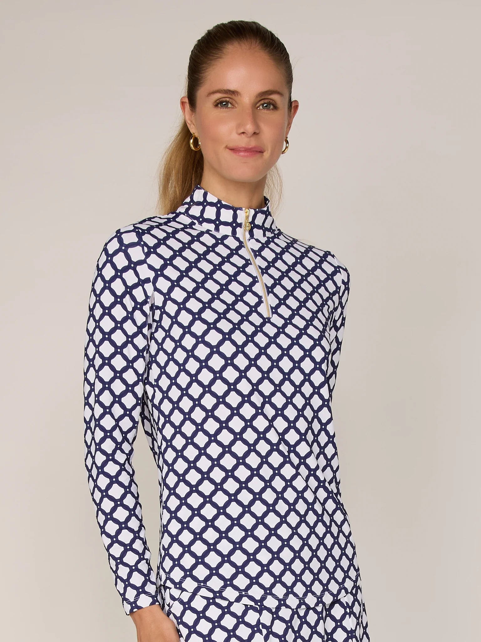 G Lifestyle Small Circle Quarter Zip Sun Protection Long Sleeve Moc Neck Shirt-Navy/White