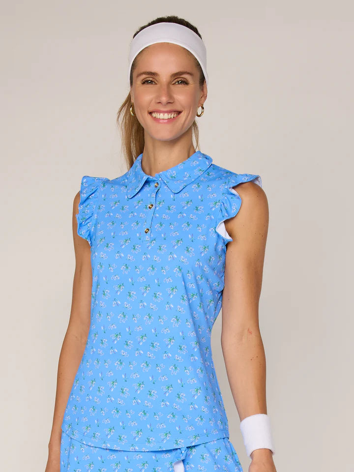 G Lifestyle Women's Sleeveless Ruffle Top With Gold Buttons-Periwinkle Bouquet Print