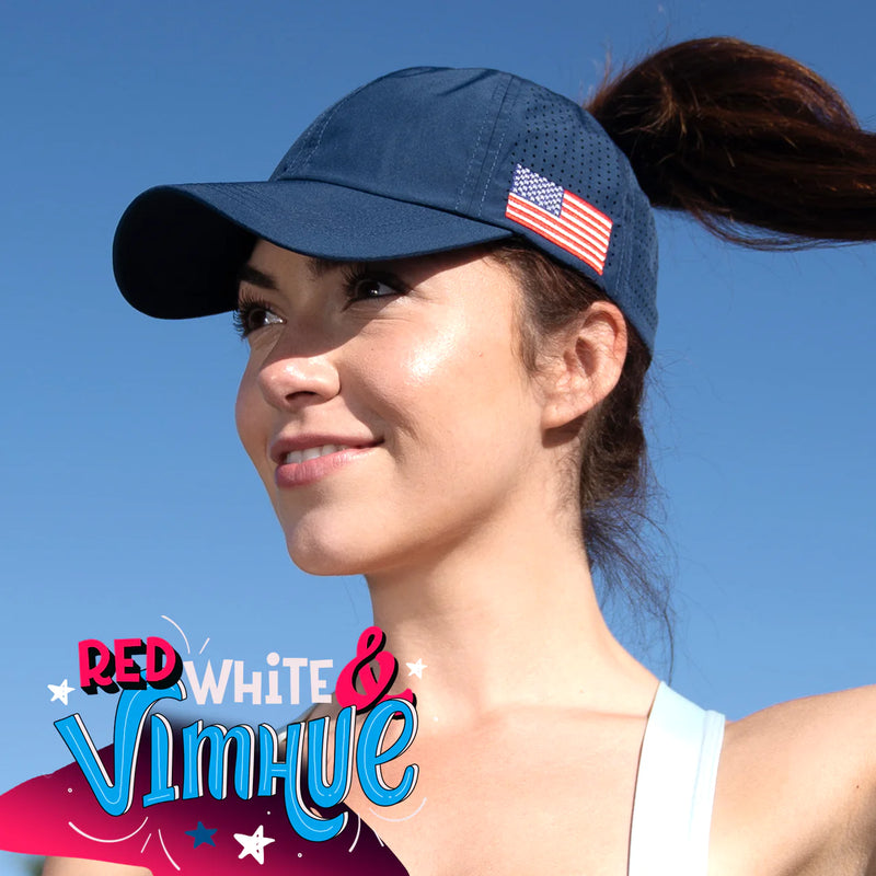 VimHue Women's Lightweight Fit Caps with Pony Opening-Sun Goddess Style-Navy USA Flag