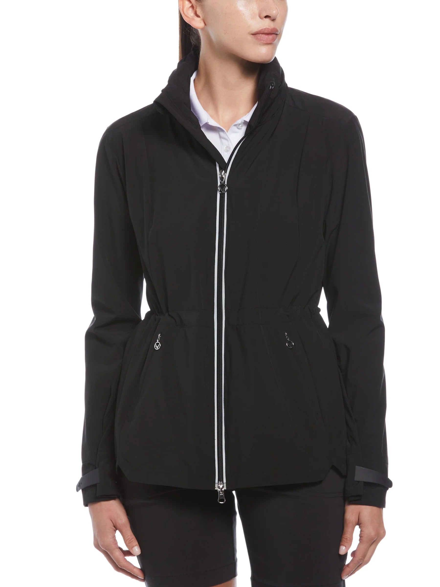 Callaway Womens Wind and Water Resistant Golf Jacket with Packable Hood-White, Black, or Navy