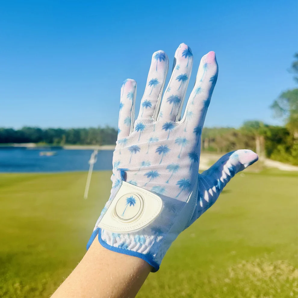 BOG Golf Glove Printed Lycra and Leather palm with Matching Ballmarker-Blue Palm Tree