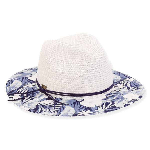 Sun N Sand Caribbean Joe Floral Brim Safari Hat-White with Blue Floral Trim