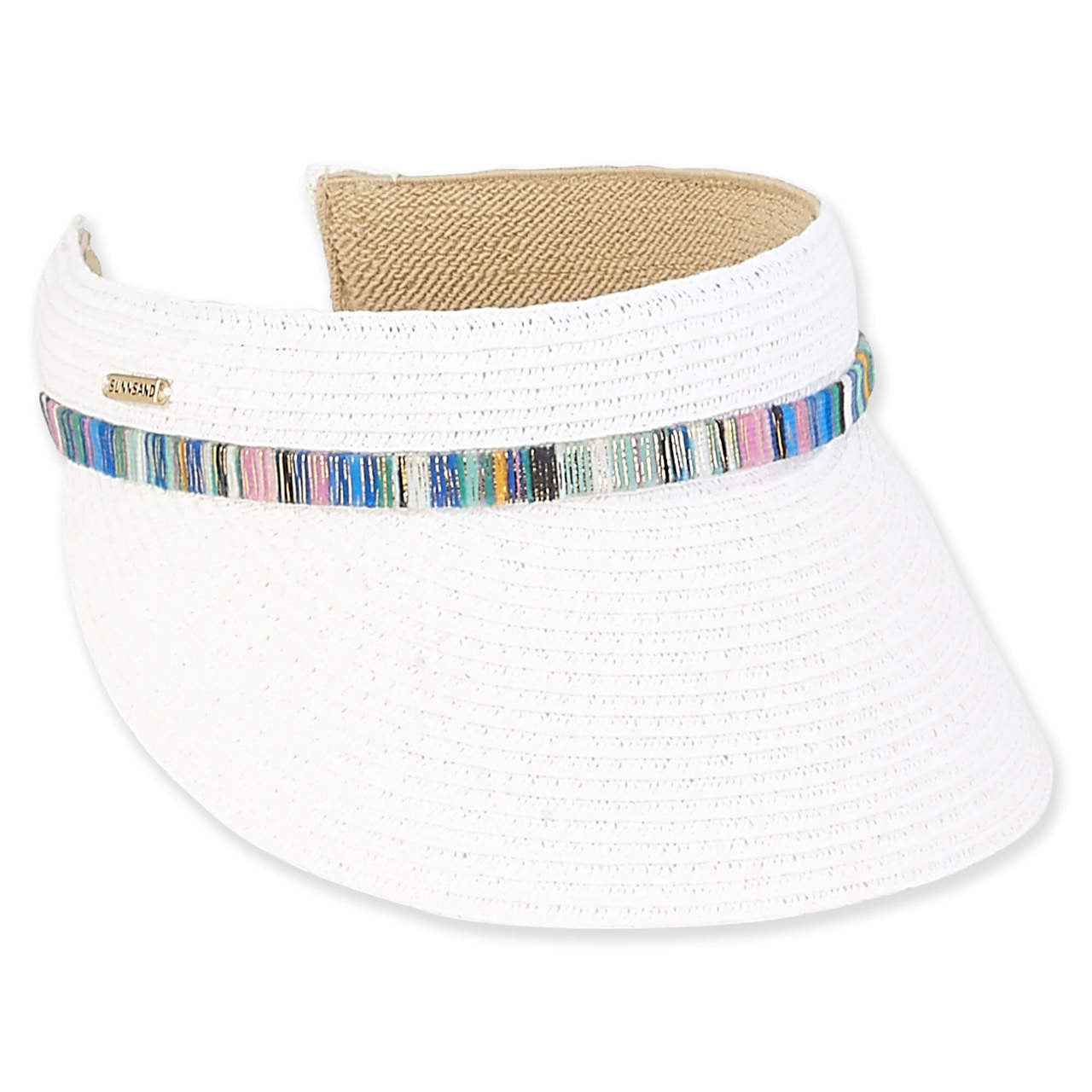 Sun N Sand Braided 3.5" Raffia Brim Clip On Visor with Multi color Metallic trim-White