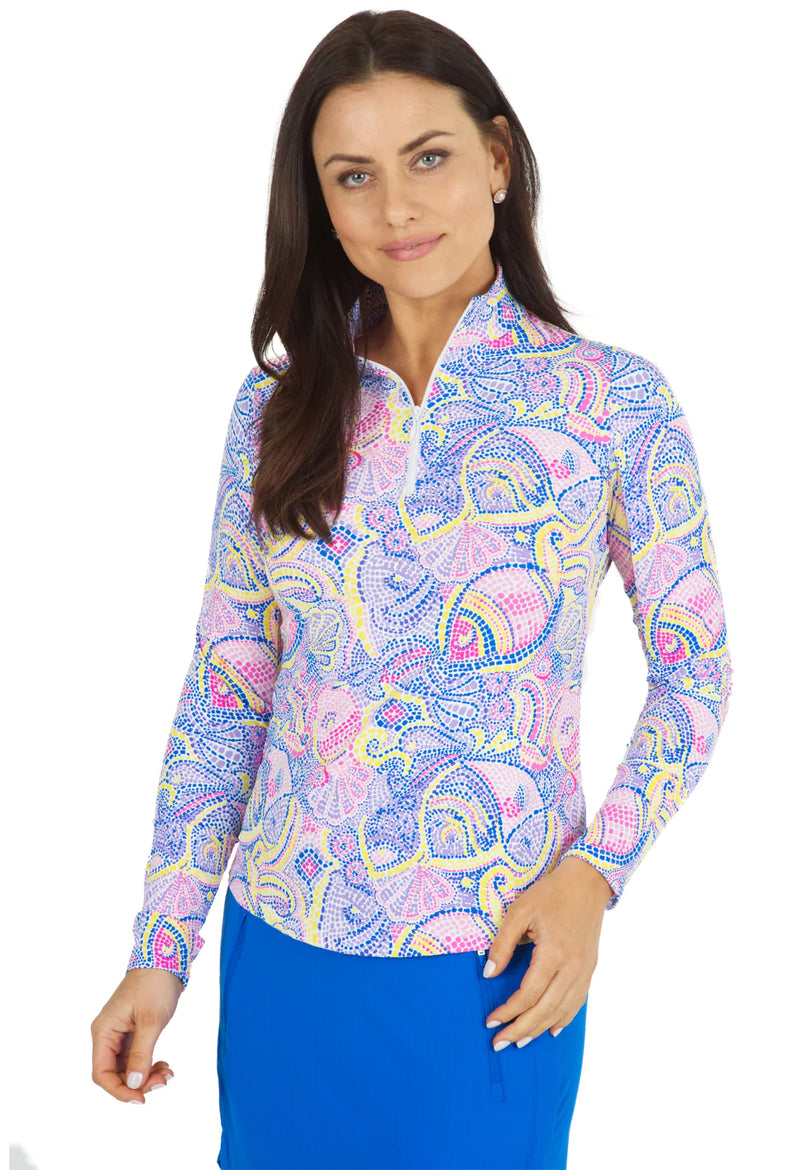 IBKUL Mariel Multi Long Sleeve Mock Neck Sun Protection Shirt-Blue Multi