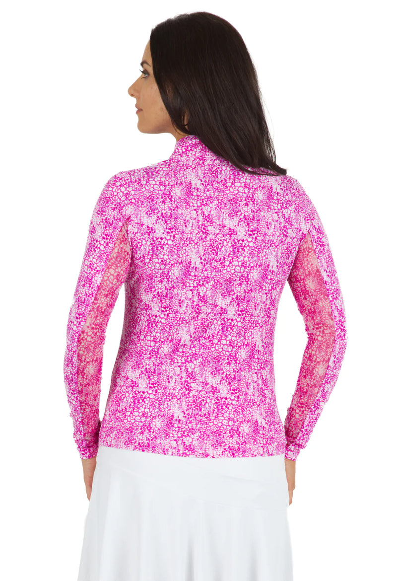 IBKUL Abstract Skin Long Sleeve Mock Neck Sun Protection Shirt-Pink