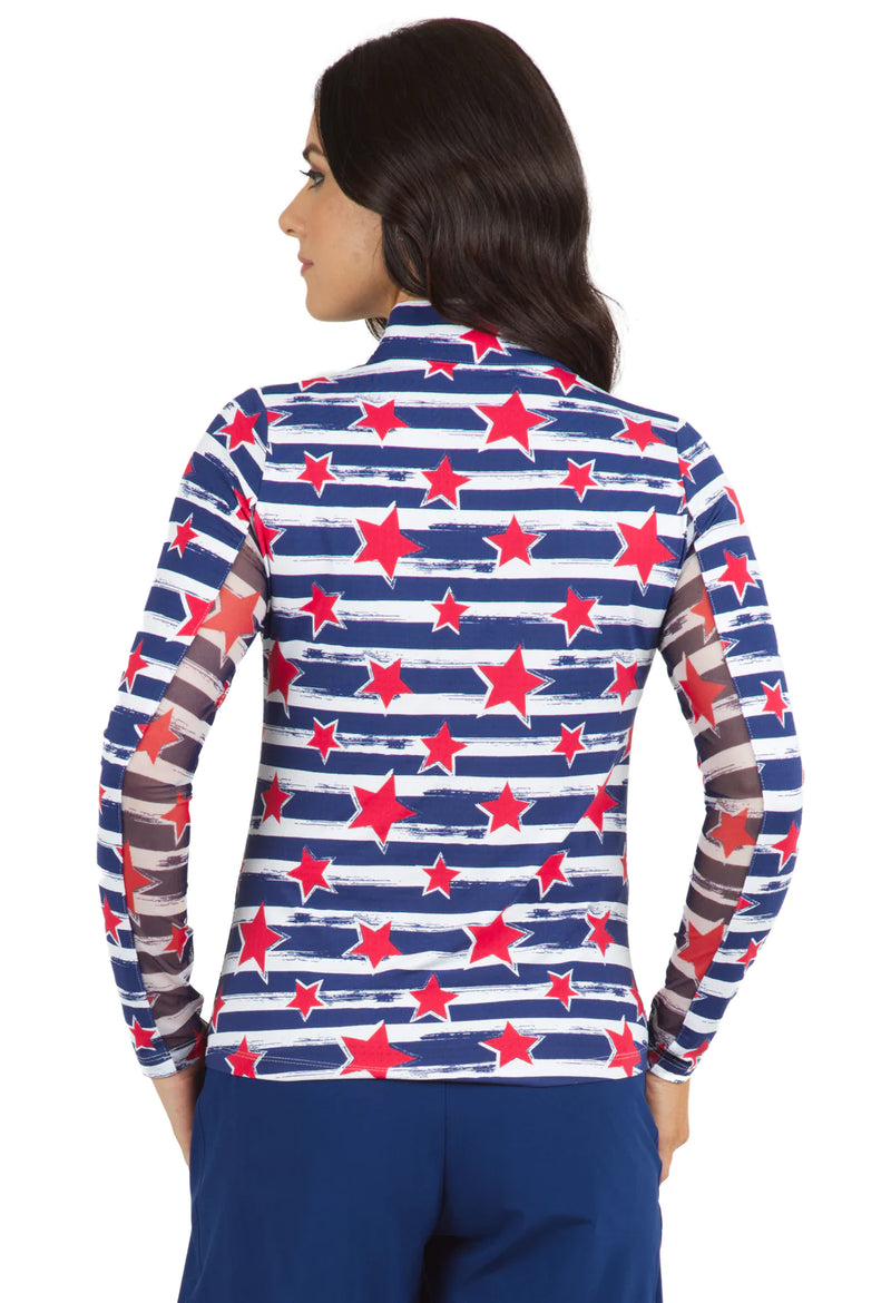 IBKUL Americana II Long Sleeve Mock Neck Sun Protection Shirt- Red/Navy