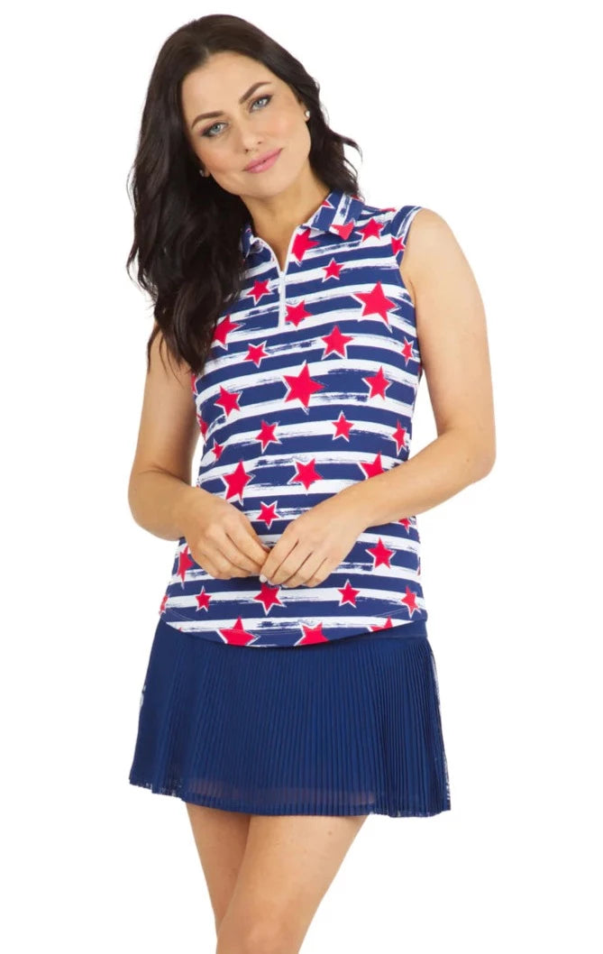 IBKUL Women's Sleeveless Golf Sun Shirt- Americana II Red/Navy