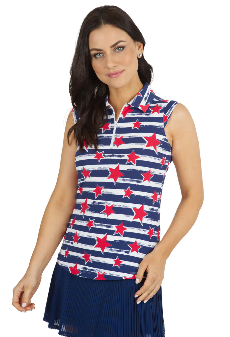 IBKUL Women's Sleeveless Golf Sun Shirt- Americana II Red/Navy
