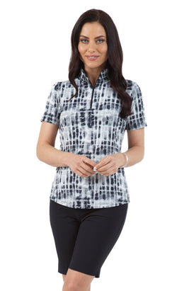 IBKUL Women's Short Sleeve Mock Neck Golf Sun Shirt-Rue Print White/black