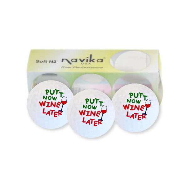 Navika Putt Now Wine Later Printed White Golf Balls-3 pack