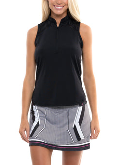 Lucky in Love Solid Charger Zip Placket with Mesh Sleeveless Shirt-Blue, Black, White, Navy