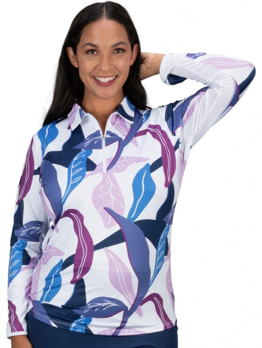Nancy Lopez Plus Balance Printed Long Sleeved Shirt-White Bahama