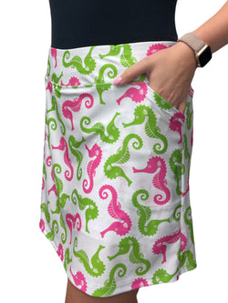 Bskinz Women's Knit Print Stretch Pull-On  20" Longer Skort- Preppy Seahorses