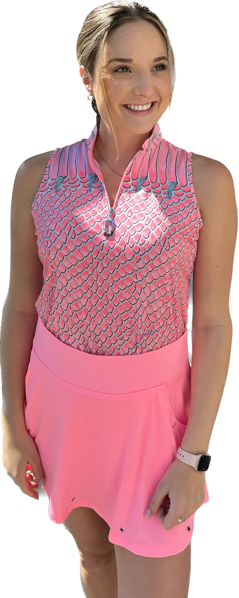 Jamie Sadock Arabesque Collection: Women's Solid Grommet 16" Pull On Golf Skort-Tickle Me Pink