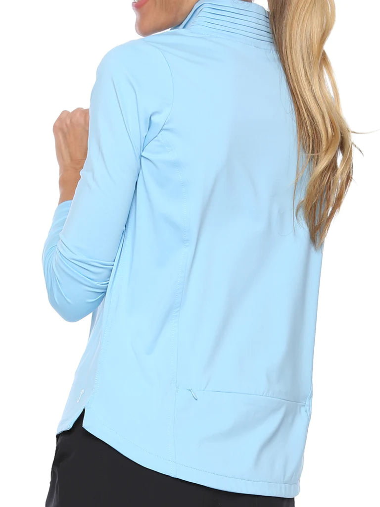 Belyn Key Solid Gathered Neck Long Sleeve Shirt-Sky Blue