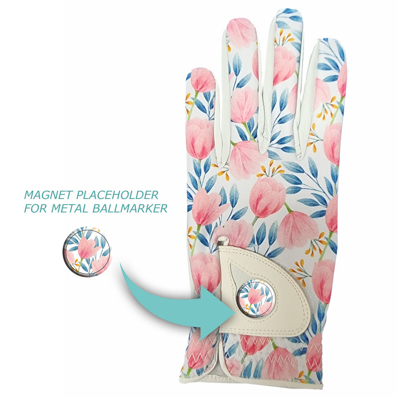 Golf Glove Printed Lycra and Leather palm with Matching Ballmarker-Flower Print