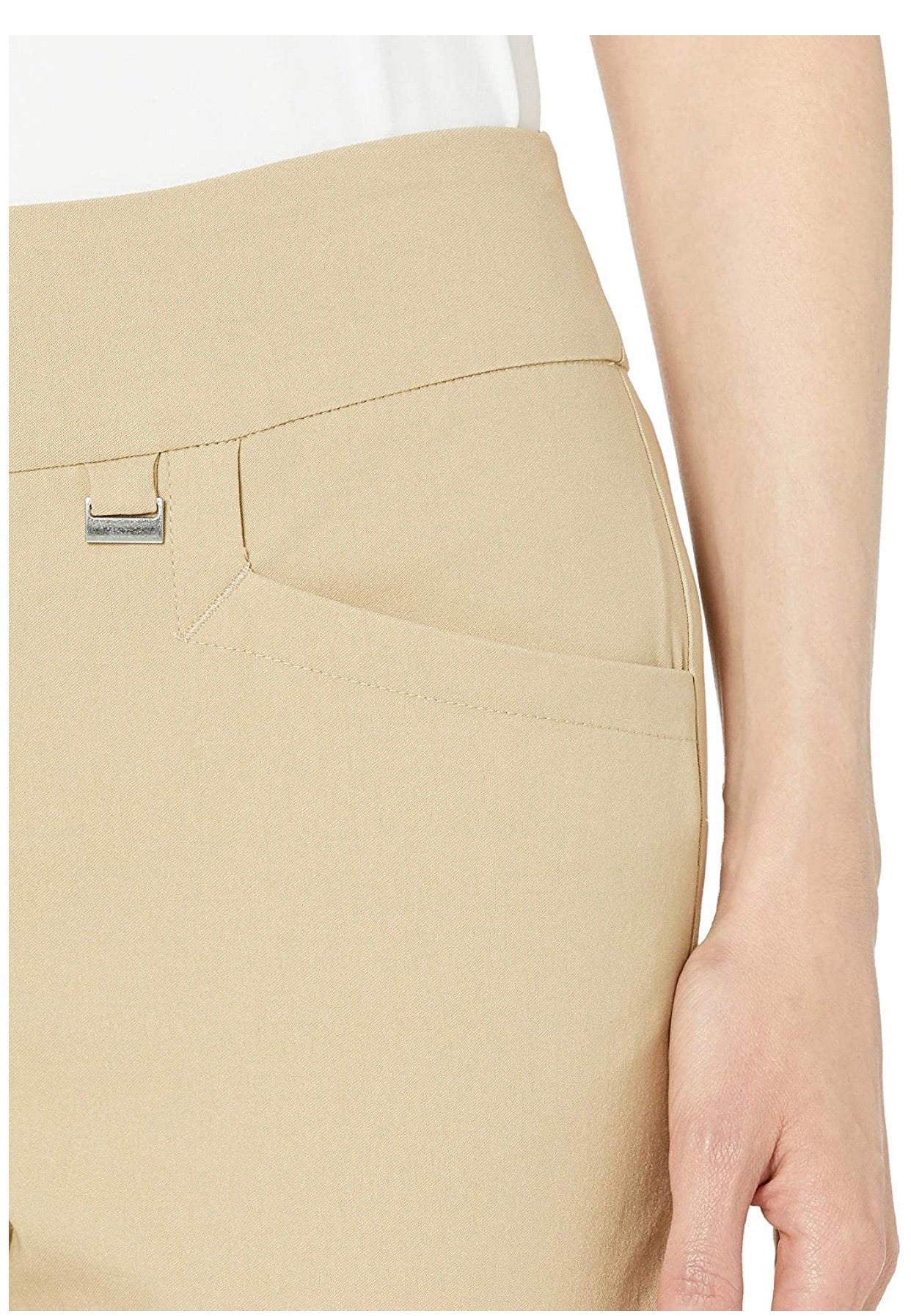EP Pro Basic Women's Bi Stretch Pull On Golf Ankle Pant-Khaki and White